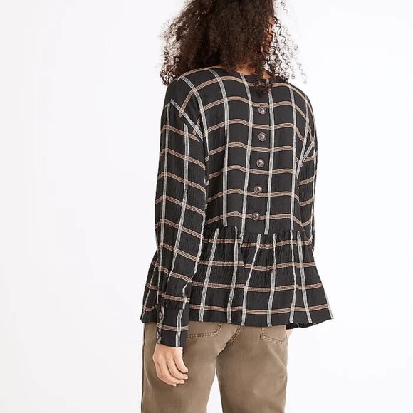 Madewell Button-Back Peplum Top in Plaid black size Small LK NW - Picture 3 of 3